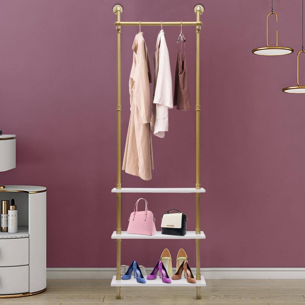 None Gold Iron Wall Mounted Industrial Pipe Clothes Rack with 3 shelves 23.62 in. W x 78.74 in. H