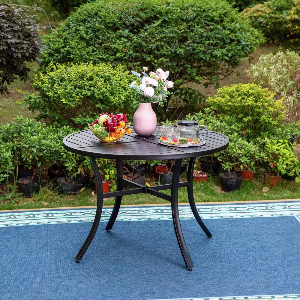 None Black 5-Piece Metal Patio Outdoor Dining Sets with Round Table and Wooden Armrest Rattan Chairs with Blue Cushion