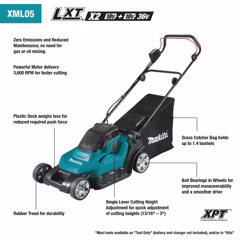 Makita 18V X2 (36V) LXT 17 in. Walk Behind Residential Lawn Mower Kit (5.0Ah) w/Bonus LXT Blower and LXT 13 in. String Trimmer