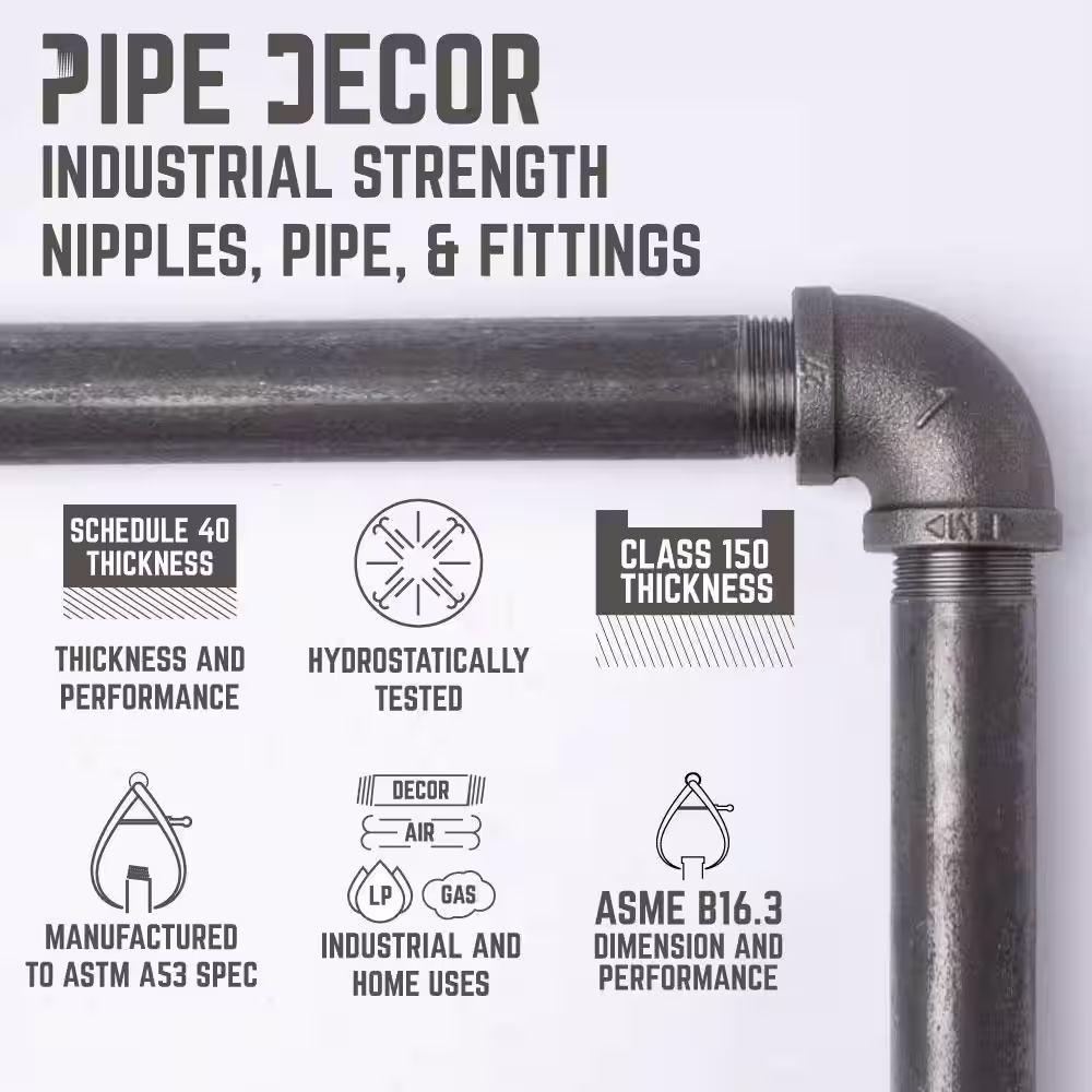 PIPE DECOR 1/2 in. x 11.75 in. D x 35 in. H Black Steel Pipe Wall Mounted 3-Tier Shelf Kit