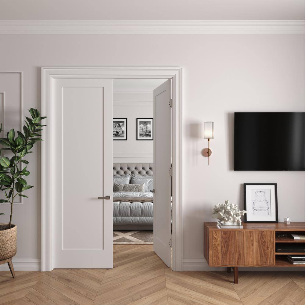 RESO 64 In. x 96 In.Bi-Parting Solid Core Primed White Composite Double Pre-hung French Door Catch Ball Black Hinges
