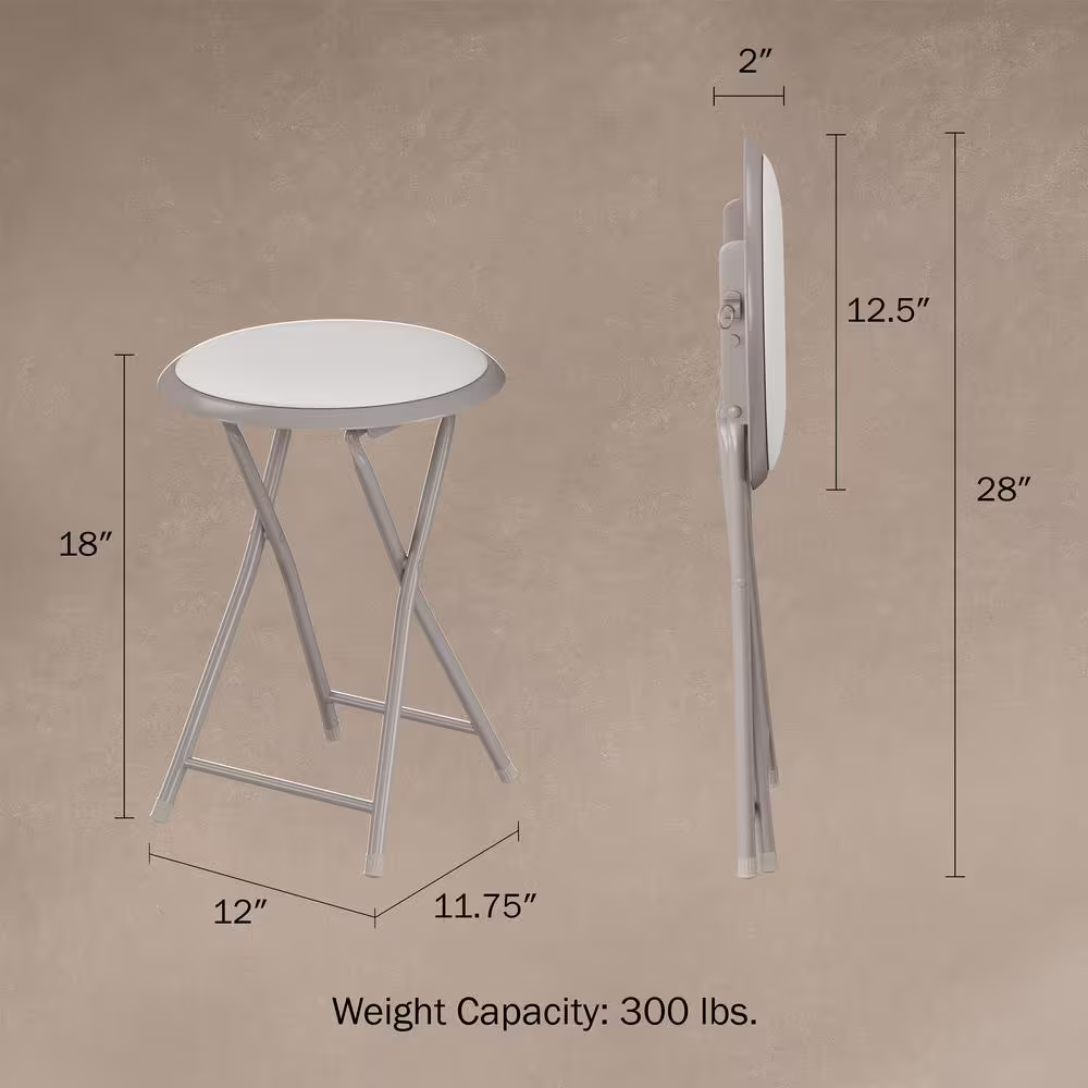 Trademark Home 18 in. White Round Metal Heavy-Duty Padded Folding Bar Stool