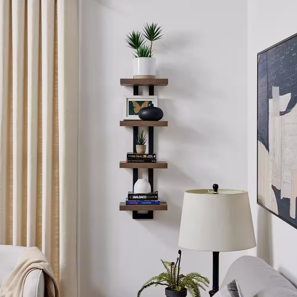 DANYA B 11 in. W x 7.6 in. D x 36 in. Walnut Black Metal 4-Tier Ladder Bracket Floating Decorative Wall Shelf