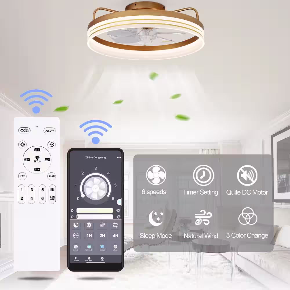 Oaks Aura 20 in. LED Indoor French Gold App Control Smart Low Profile Ceiling Fan with light, Flush Mount Ceiling Fan for Bedroom