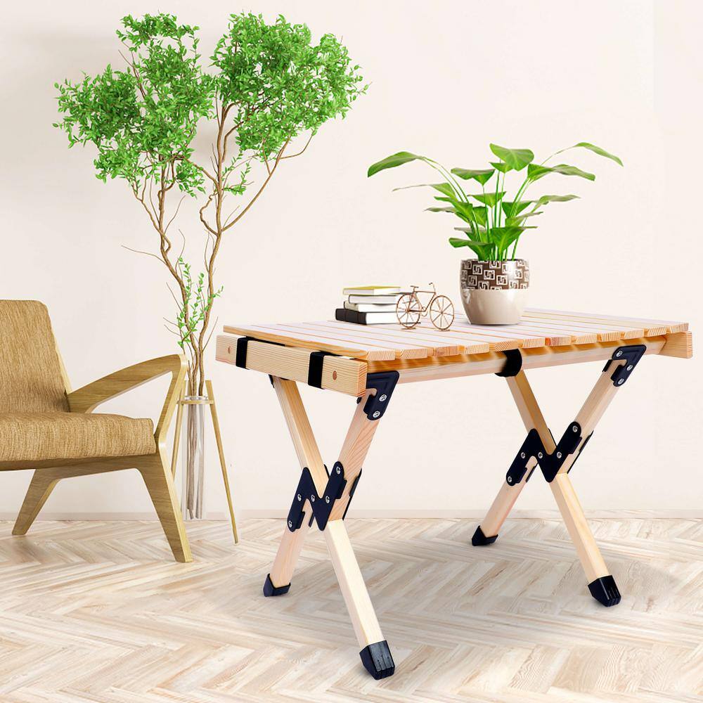 None Portable Roll Up Folding Wooden Camping Picnic Table with Carry Bag