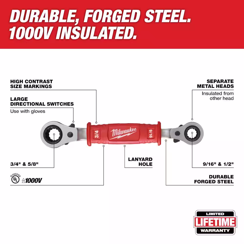 Milwaukee Lineman's 4-in-1 Insulated Ratcheting Box Wrench