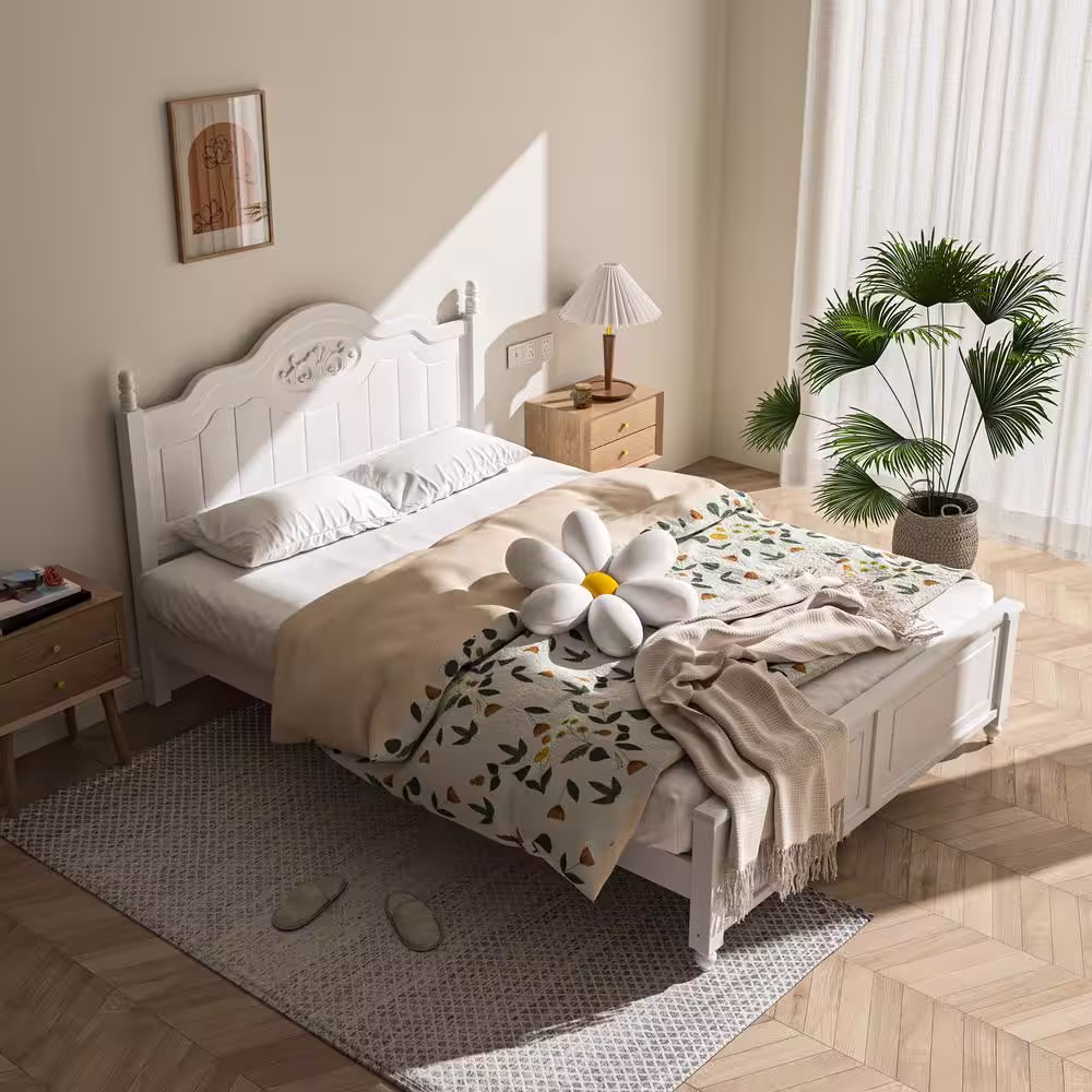 None White Solid Pine Frame Queen Size Bed Platform Bed With Headboard