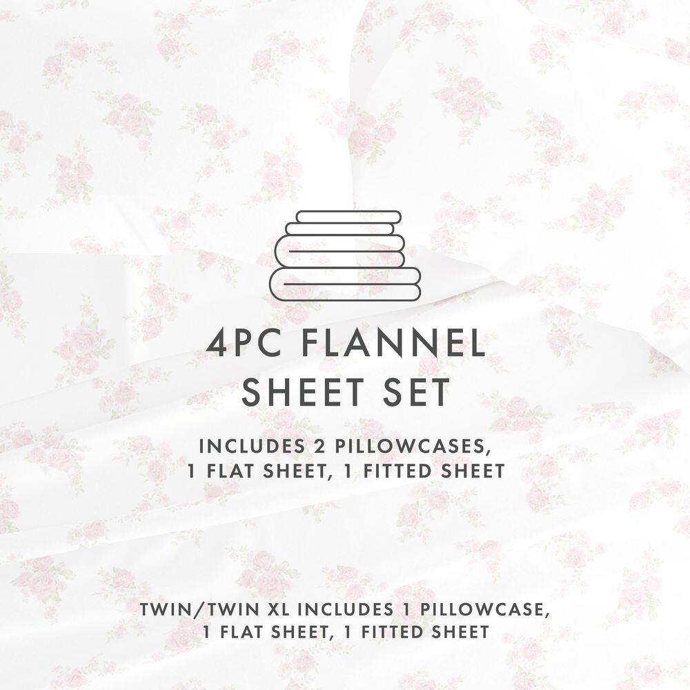 Becky Cameron Premium 4 Piece Pink Rose Bunch Flannel King Sheet Set