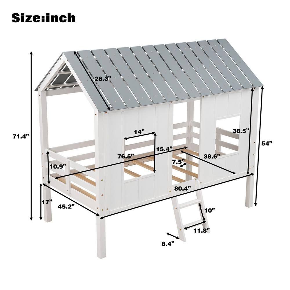Harper & Bright Designs WhiteTwin Size Low Loft House Bed with Roof and Two Front Windows