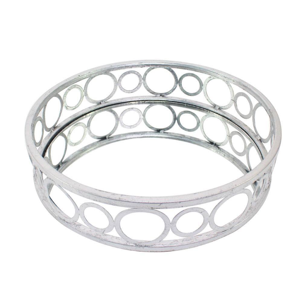 Benjara Silver Round Metal Tray with Geometric Mirror Panel Inserts