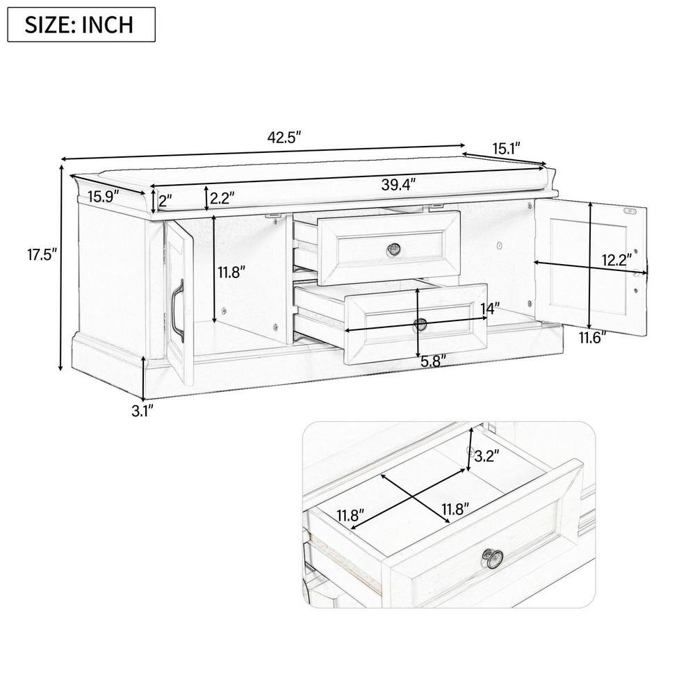 None Black Pine wood frame and legs MDF panels Shoe Storage Bench with Removable Cushion 2-Drawers and 2-Cabinets