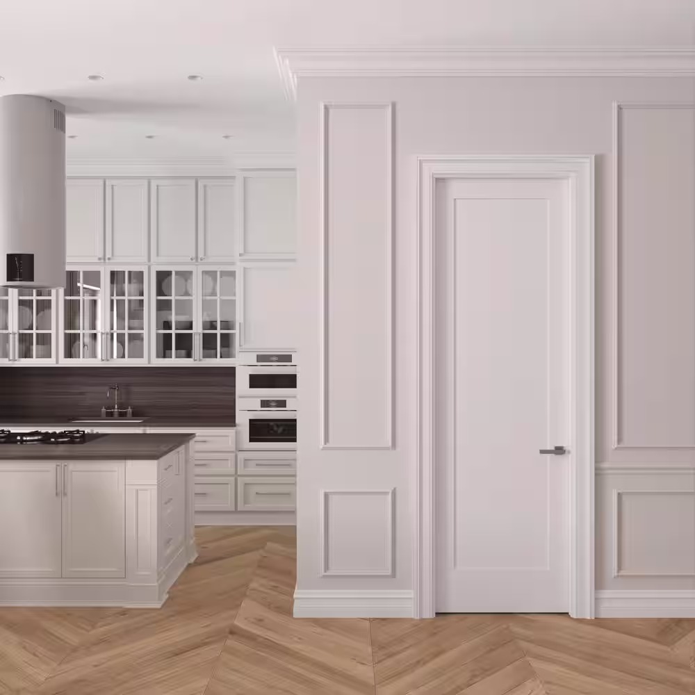 RESO 32 in.  x 96 in. Left-Handed Solid Core Primed White Composite Single Pre-hung Interior Door Satin Nickel Hinges