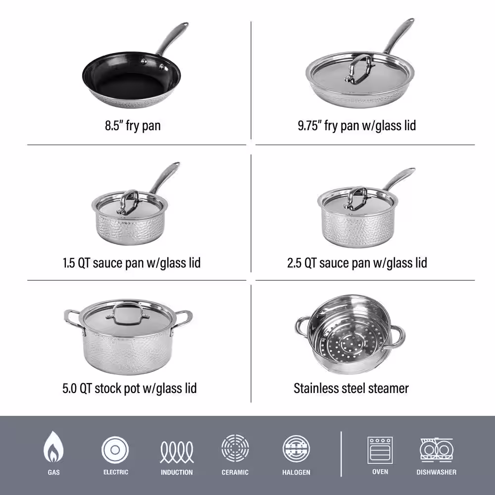 GRANITESTONE Hammered 10-Piece Stainless Steel Tri-Ply Nonstick Ultra Premium Ceramic Cookware Set