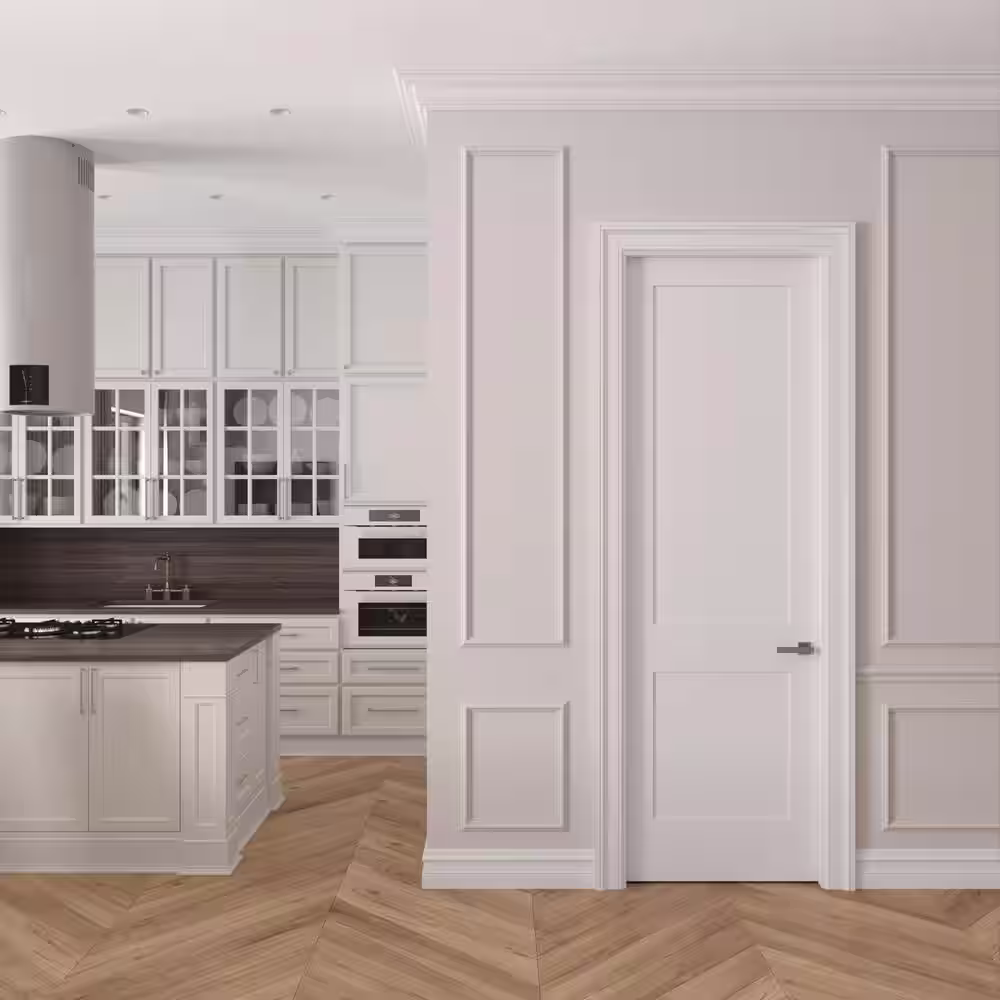 None 28 in. x 96 in. Right-Handed Solid Core Primed White Composite Single Prehung Interior Door Satin Nickel Hinges