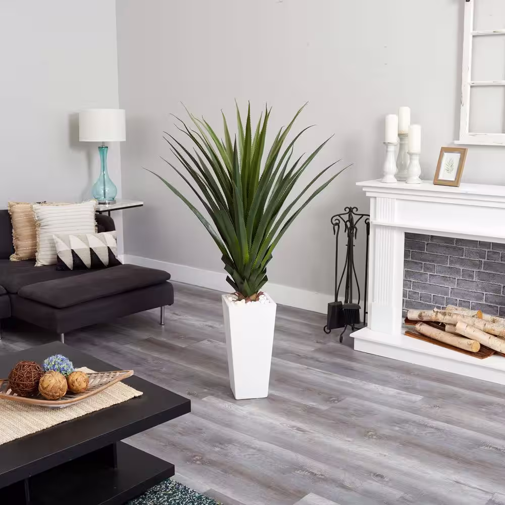 Nearly Natural 5 ft. Spiky Agave Artificial Plant in White Tower Planter