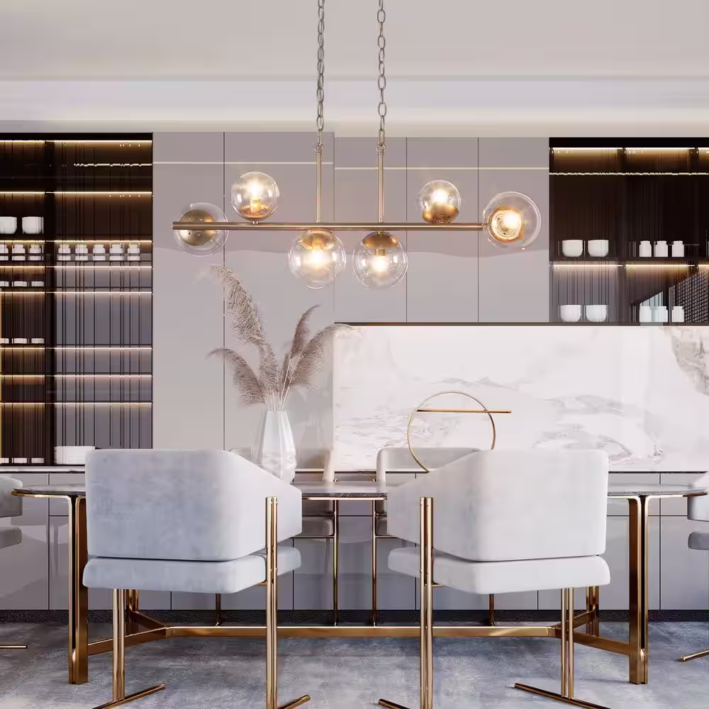 Uolfin Modern Gold Dining Room Chandelier, 32 in. 6-Light Sputnik Island Linear Chandelier with Globe Glass Shades