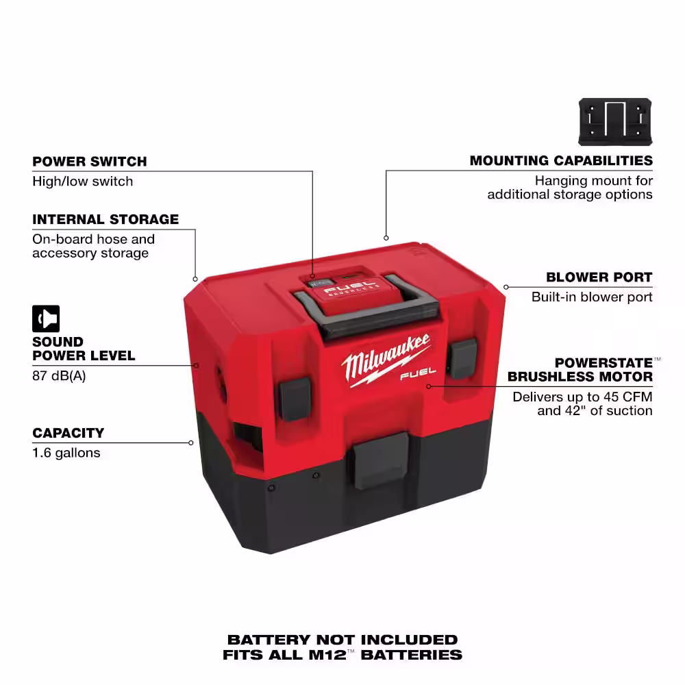 Milwaukee M12 FUEL 12-Volt Lithium-Ion Cordless 1.6 Gal. Wet/Dry Vacuum with M12 XC Battery Pack 4.0 Ah and Charger Starter Kit