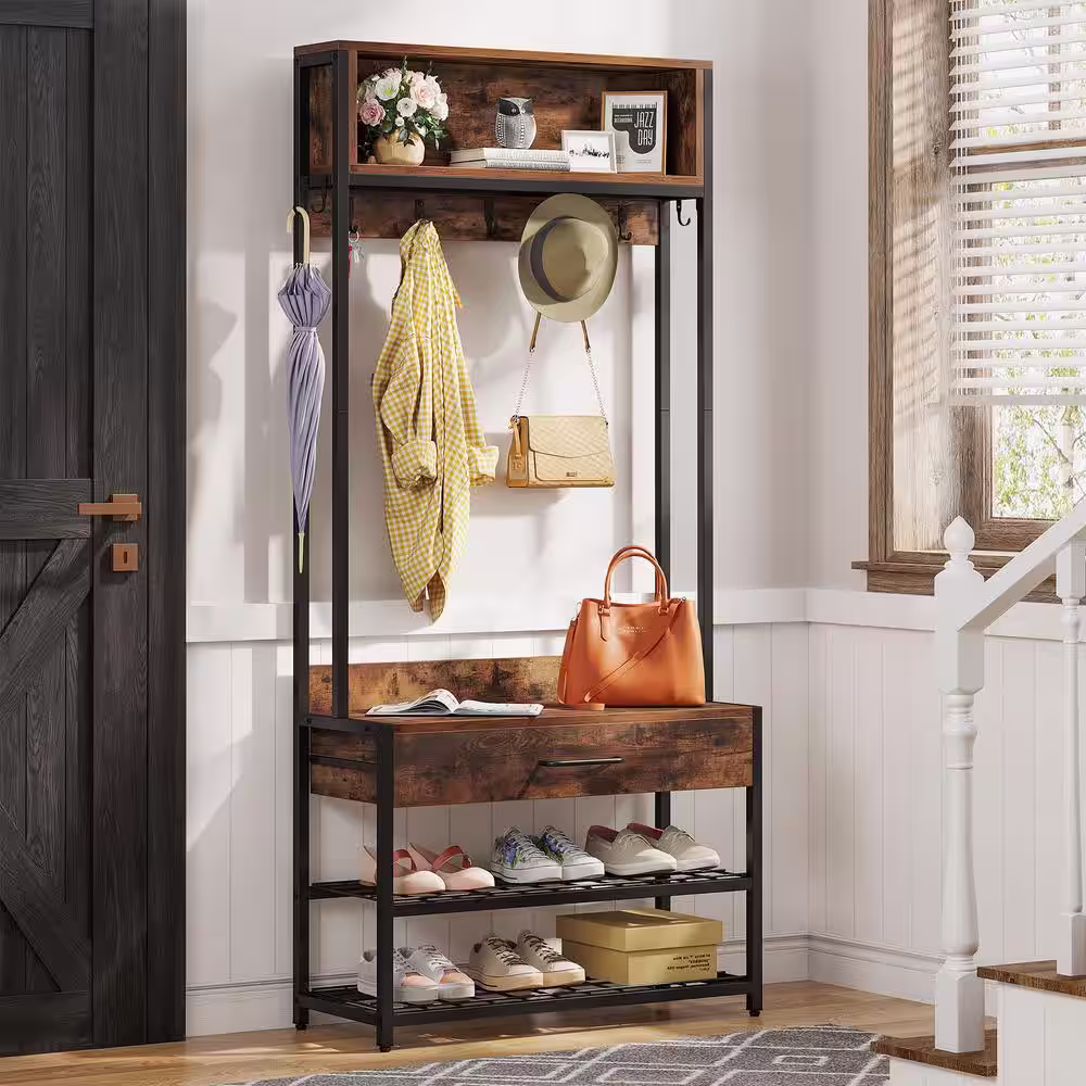 TRIBESIGNS WAY TO ORIGIN Brown 4-in-1 Entryway Coat Rack with Shoe Bench and Hutch, Vintage Industrial Wood Accent Furniture with Metal Frame
