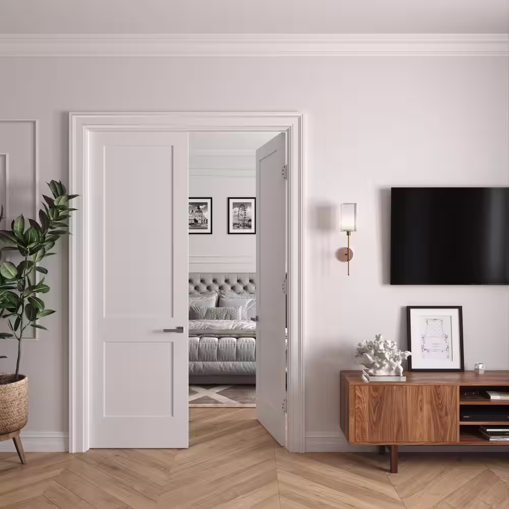 RESO 36 in. x 96 in. Bi-Parting Solid Core Primed White Composite Wood Single Pre-hung interior Door Satin Nickel Hinges