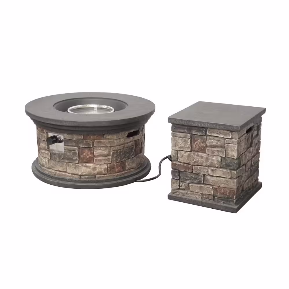 Noble House Chesney 16.25 in. x 19.75 in. Round Concrete Propane Fire Pit in Mixed Brown with Tank Holder