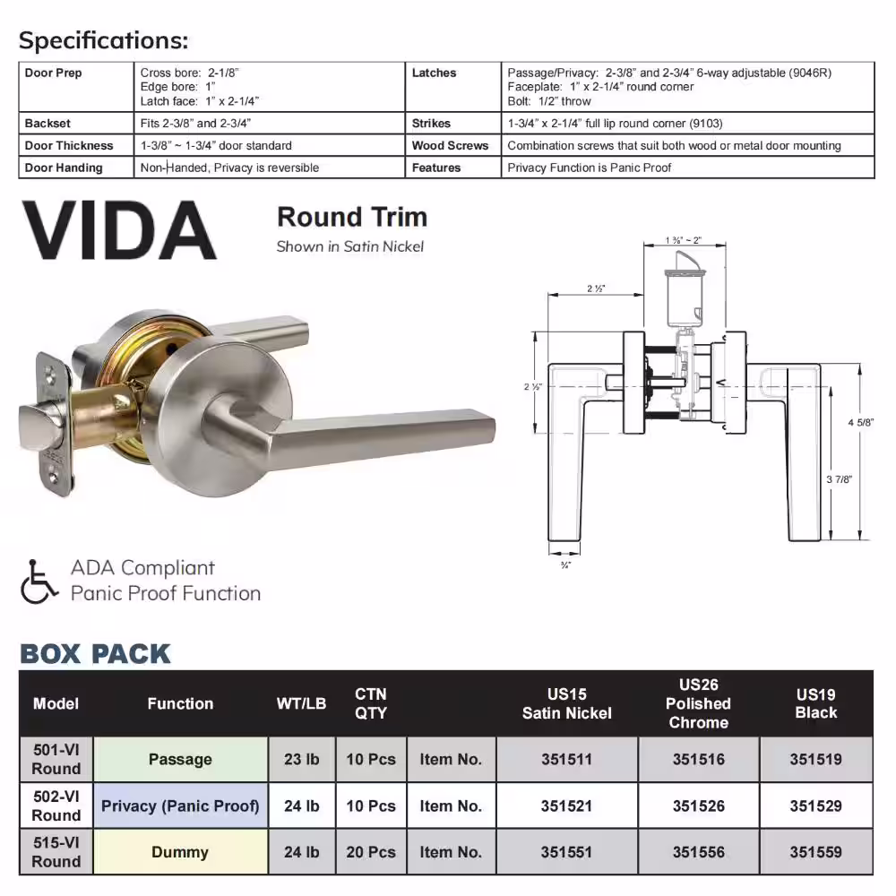 DELANEY HARDWARE Contemporary Collection Vida Satin Nickel Bed/Bath Door Handle
