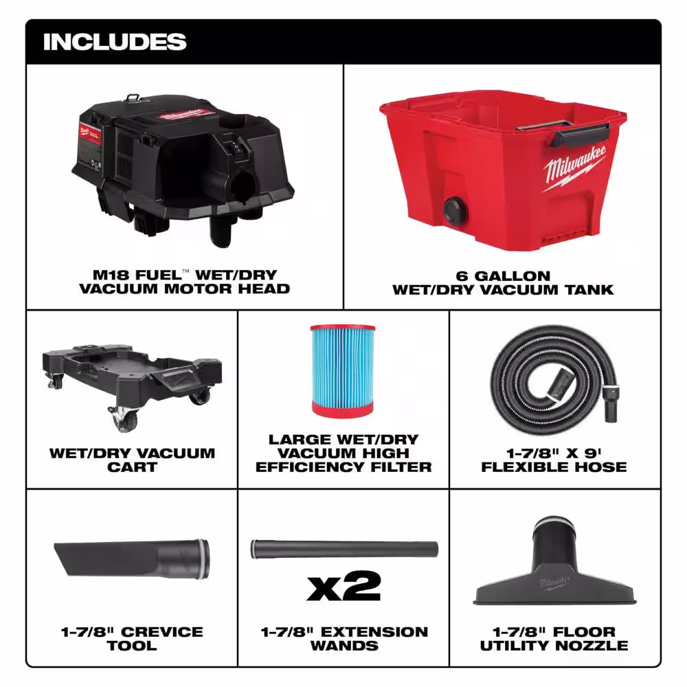 Milwaukee M18 FUEL 6 Gal. Cordless Wet/Dry Shop Vac W/Filter, Hose and AIR-TIP 1-1/4 in. - 2-1/2 in. Micro Hose Attachment