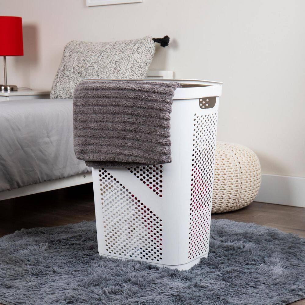 Mind Reader Basket Collection Laundry Hamper, 60 Liter (15kg/33lbs) Capacity, Cut Out Handles, Attached Hinged Lid, Set of 2, White