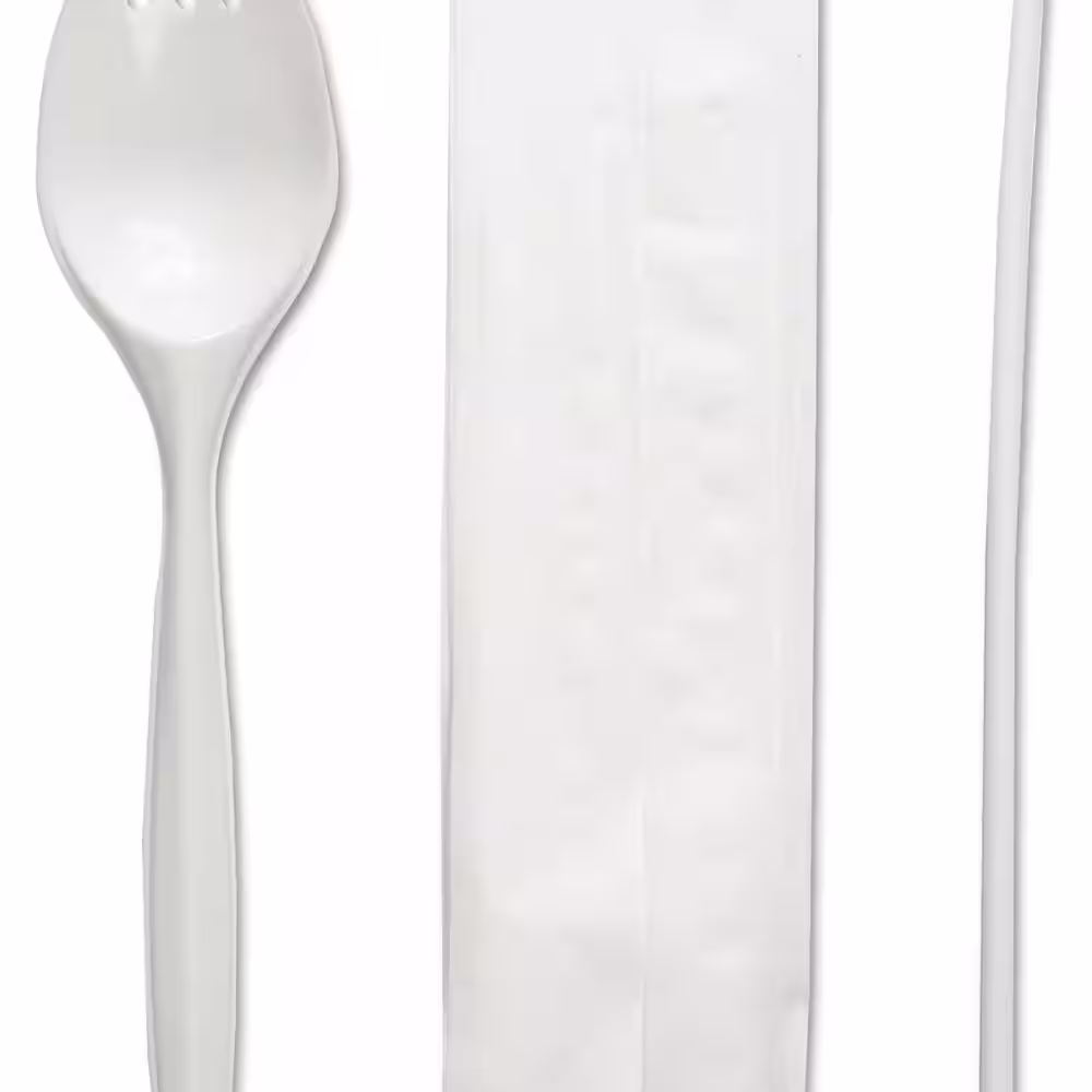 Boardwalk White Disposable Polypropylene Utensils, School Cutlery Kit, Napkin/Spork/Straw, White (1000-Carton)