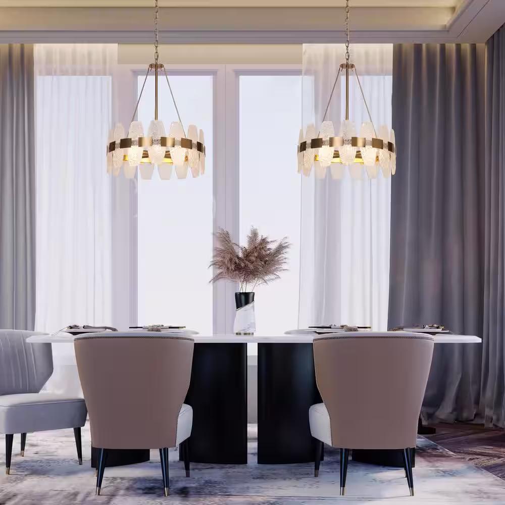 Uolfin Transitional Plated Gold Kitchen Island Chandelier, 4-Light Glam Dining Room Ceiling Light Fixture with Ice Glass Pieces