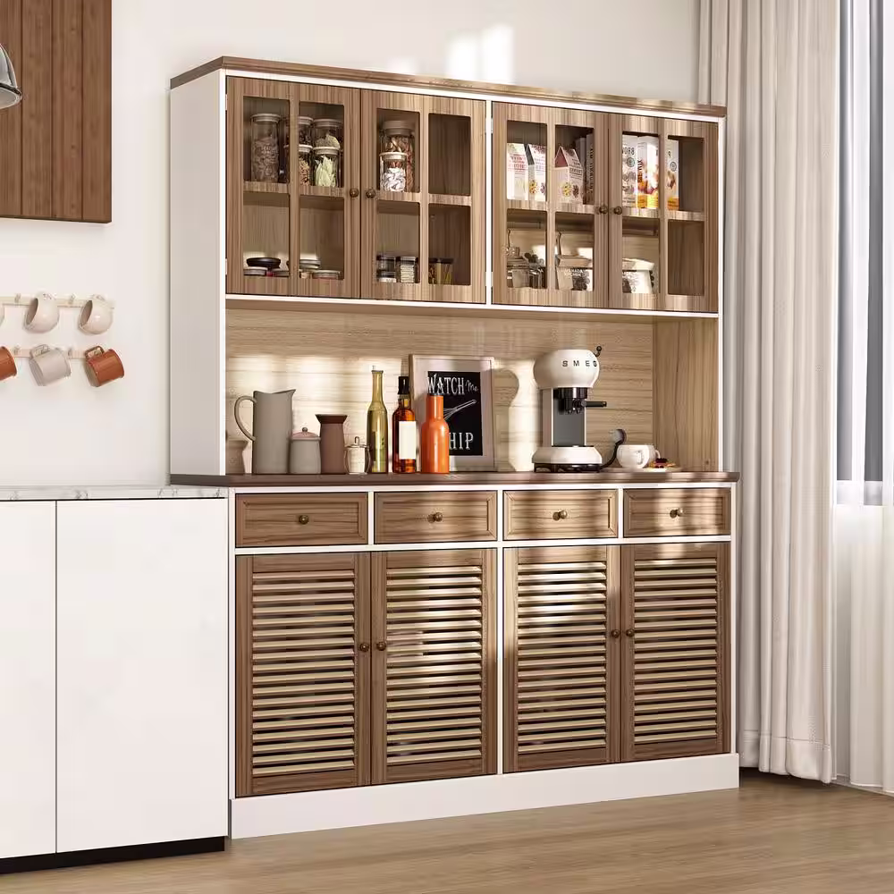 WIAWG Brown Wood 61.3 in. W Kitchen Food Pantry Cabinet Louvered Door Style With Hutch, Glass Doors, Adjustable Shelves