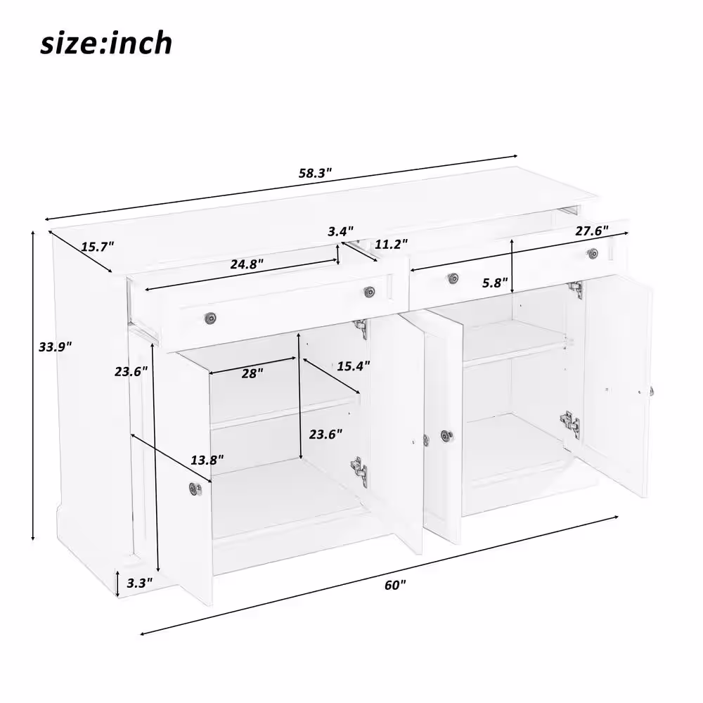 Harper & Bright Designs White Wood 60 in. Sideboard with 2 Drawers 2 Adjustable Shelves and 4 Doors