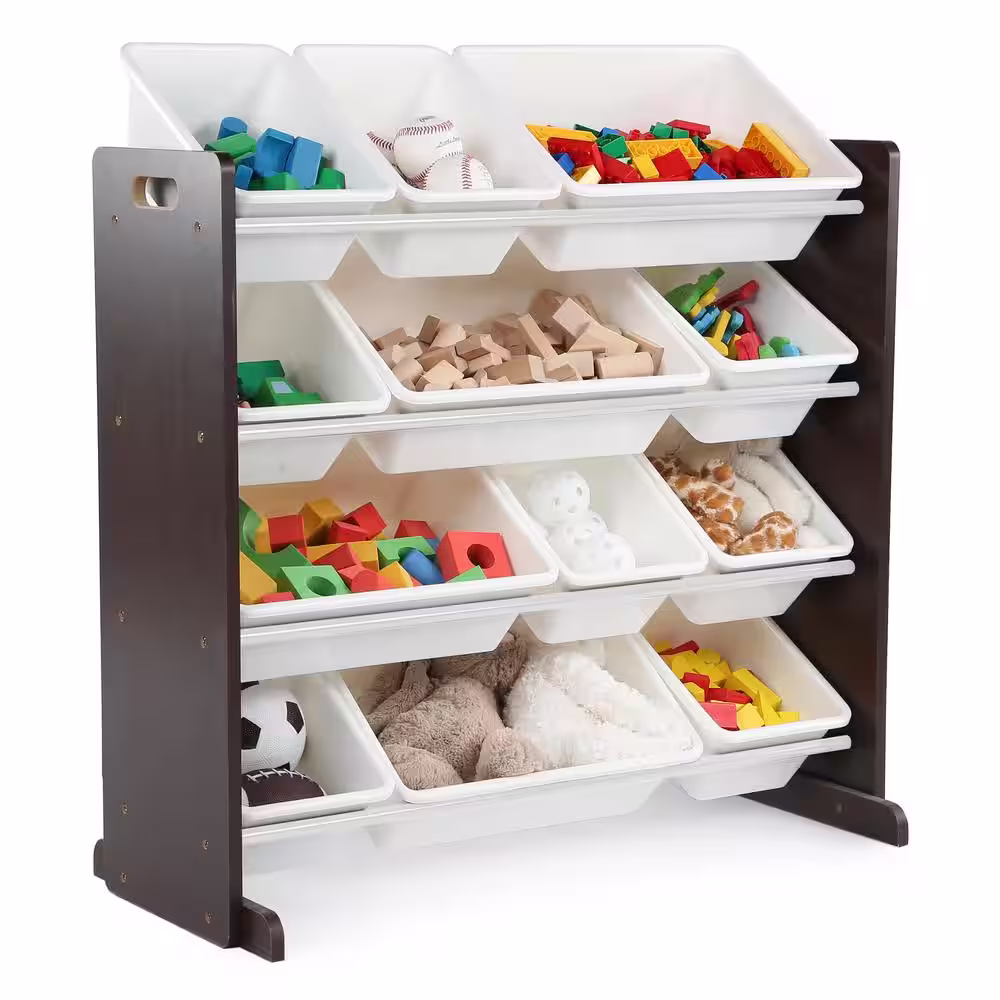 Humble Crew Espresso Collection Espresso and White Kids Toy Storage Organizer with 12 Plastic Bins