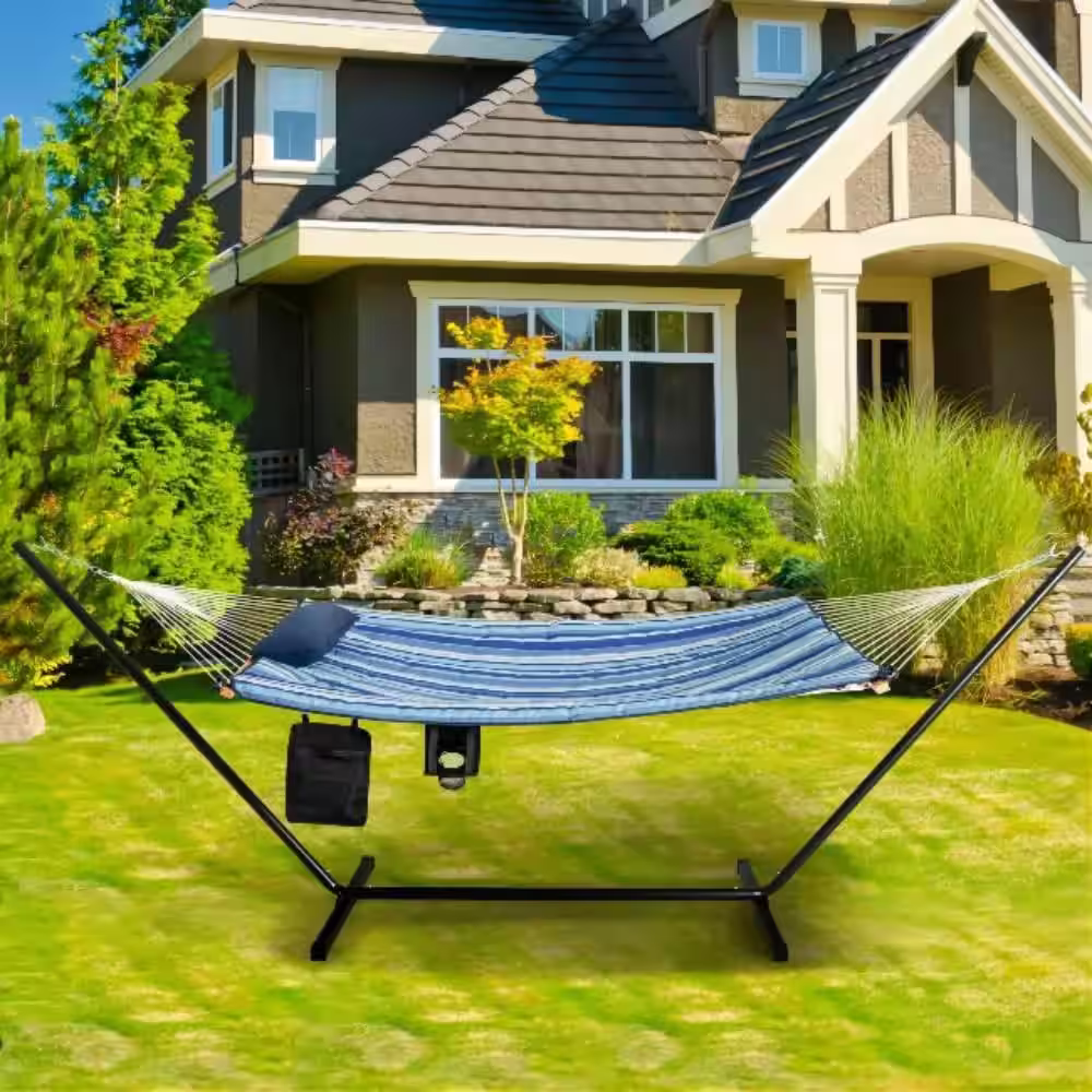 Alpulon 11.5 ft. Blue Fabric Cotton Double Brazilian Standing Hammock Bed with Pillow and Cup Holder