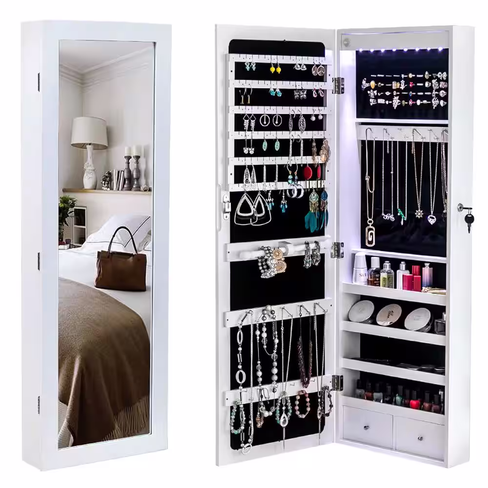 None White Whole Body Mirror Wood Wall Hanging Jewelry Armoire Storage Cabinet 8-Blue LED Light 43 in. H x 15 in. W x 4 in. D