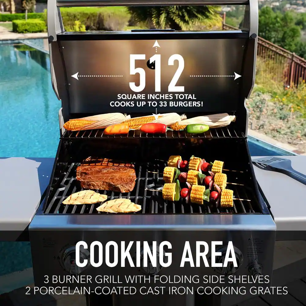 PERMASTEEL 3-Burner Pedestal Propane Gas Grill in Azure with Side Hooks