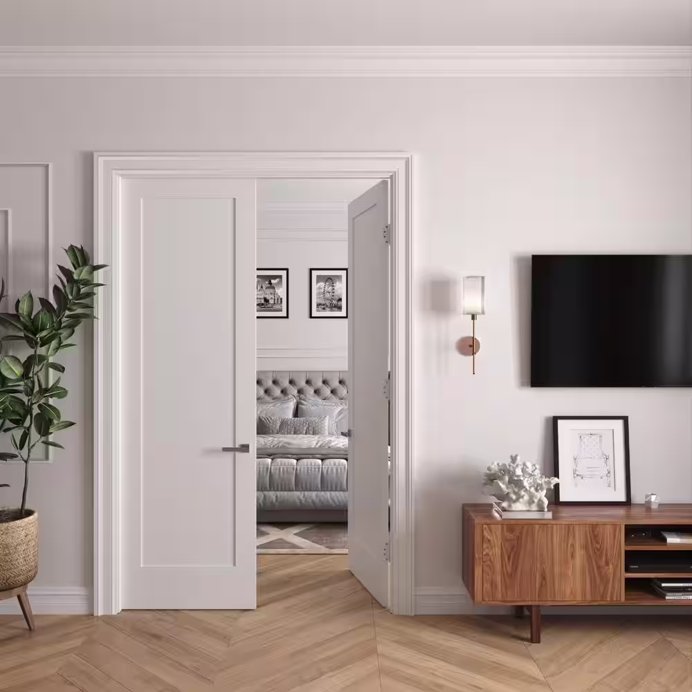 RESO 44 In. x 96 In.Bi-Parting Solid Core Primed White Composite Double Pre-hung French DoorCatch Ball Chrome Hinges