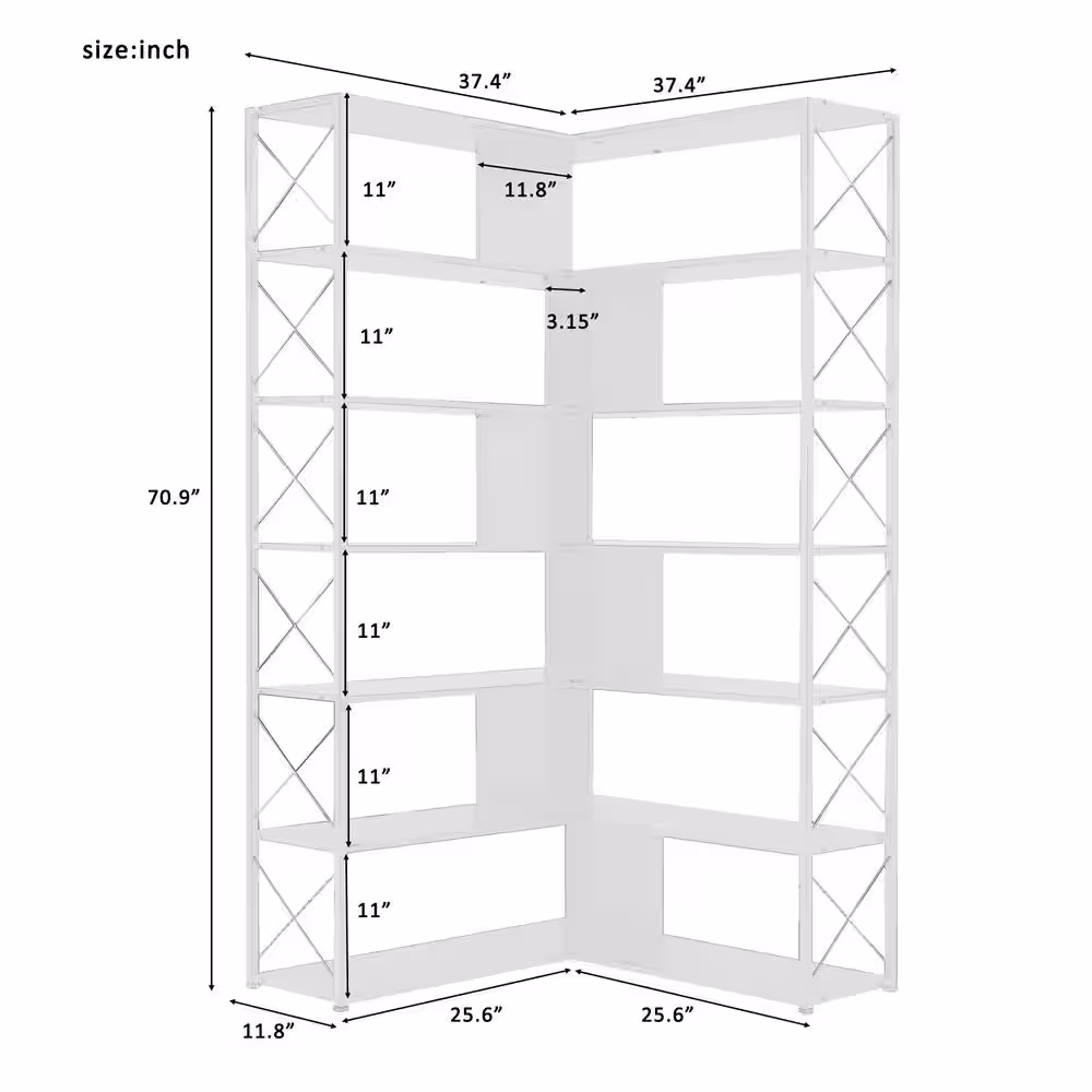 None White 6-Tier Steel Wire Shelving Unit Corner Bookcase (37.4 in. W x 70.9 in. H x 37.4 in. D)
