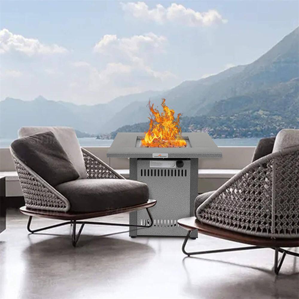 None 28 in. 50000 BTU Outdoor Metal Propane Gas Fire Pit Table Fireplace with Lid and Lava Rock, Silver