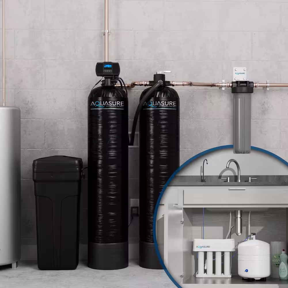 AQUASURE Signature Series Complete Whole House Water Filtration System with Fine Mesh Resin - 48,000 Grains