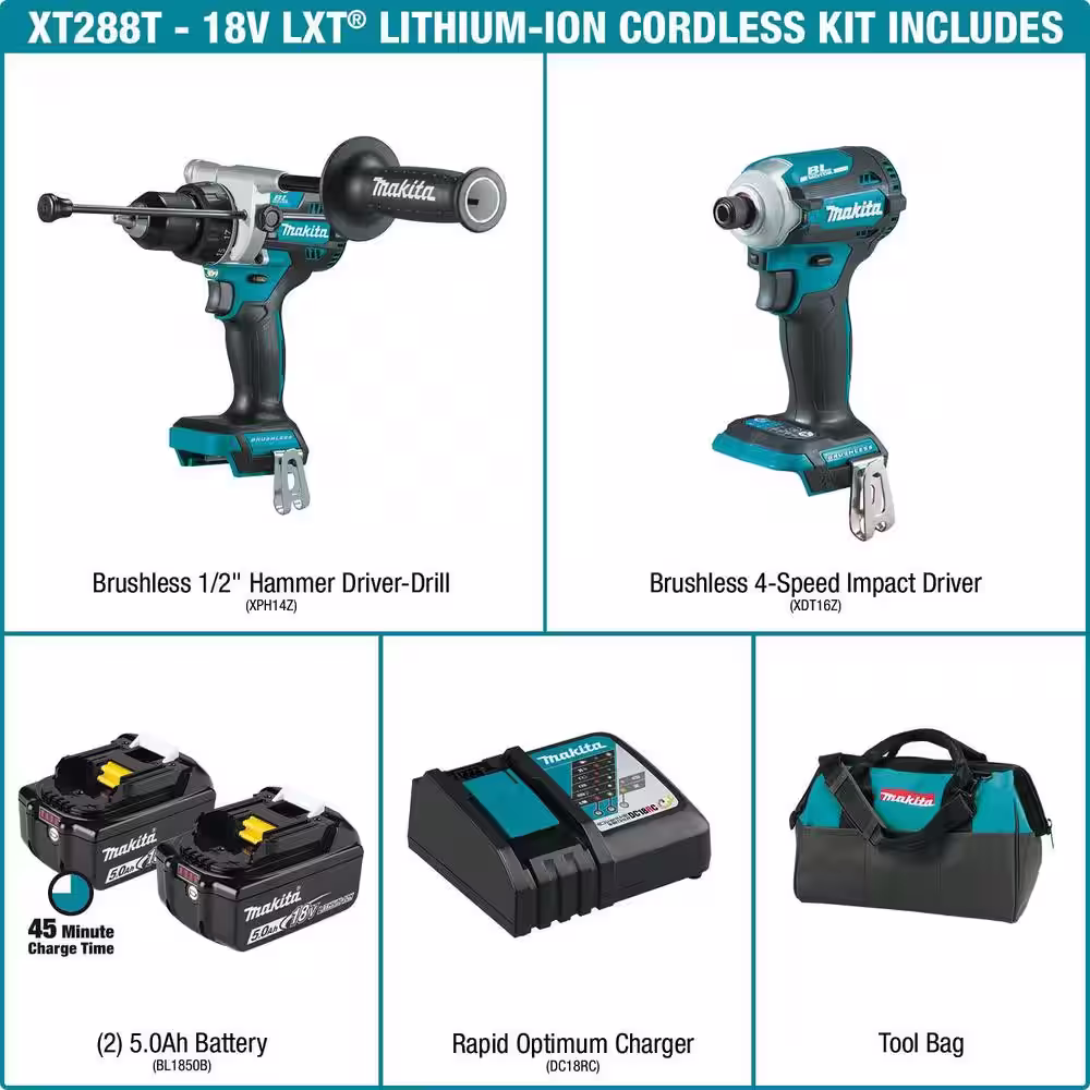 Makita 18V LXT Lithium-Ion Brushless Cordless Combo Kit 5.0 Ah (2-Pc) with bonus 18V LXT Variable Speed Oscillating Multi-Tool