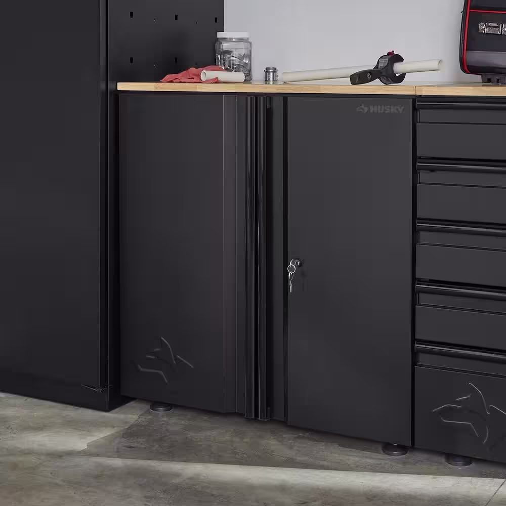 Husky Extra Wide Heavy Duty Welded 20-GaugeÂ Steel 2-Door Garage Base Cabinet in Black (32 in. W x 33 in. H x 21.5 in. D)