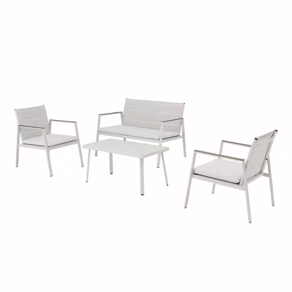 StyleWell Crystal Cape 4-Piece Metal Patio Conversation Set with Warm Grey Cushions