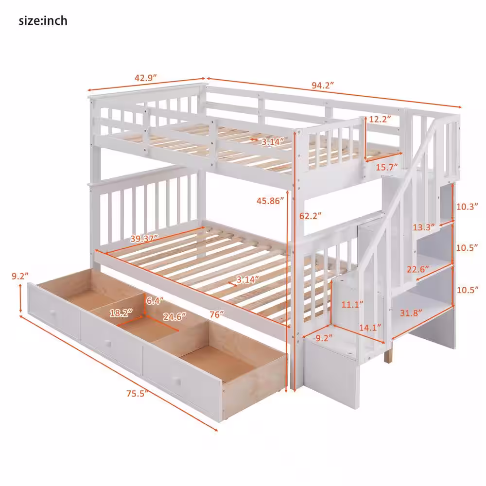 Harper & Bright Designs White Twin Over Twin Bunk Bed with 3-Drawers and Storage Stairway