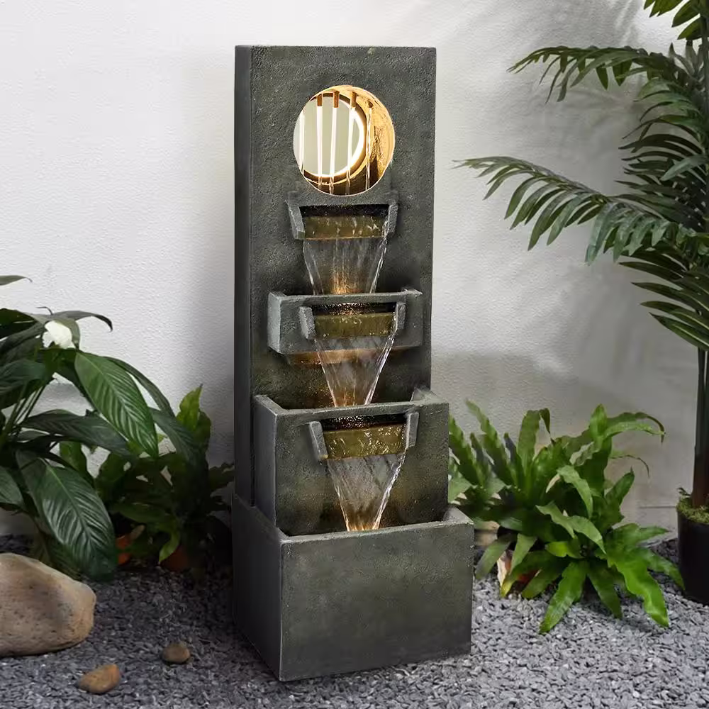 Watnature 39.3 in. Resin Outdoor Waterfall Fountains Modern Tall Indoor Relaxing Soothing Floor Fountain Outdoor for House, Garden