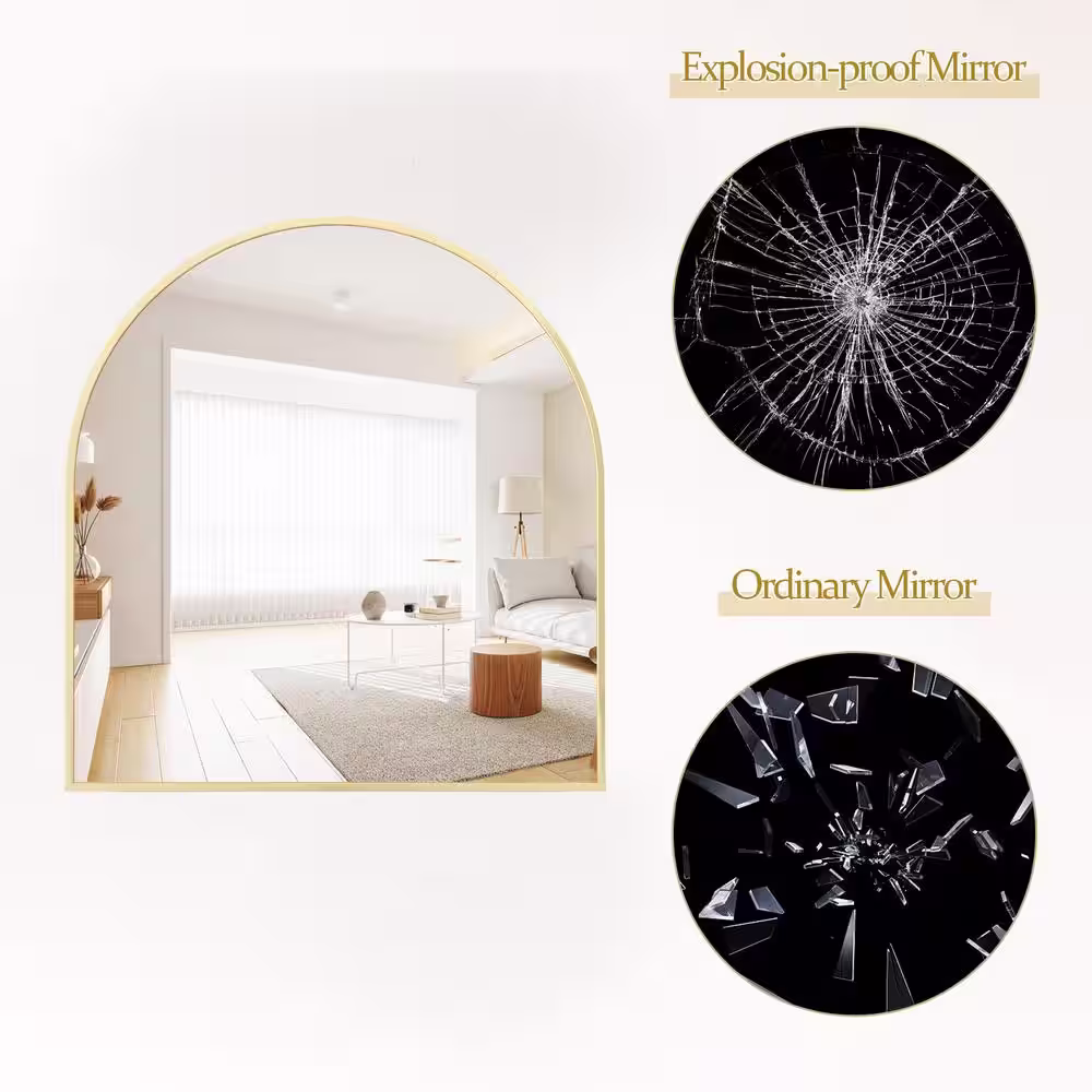 XRAMFY 31.5 in. W x 33.5 in. H Arched Gold Modern Aluminum Alloy Framed Wall Mirror
