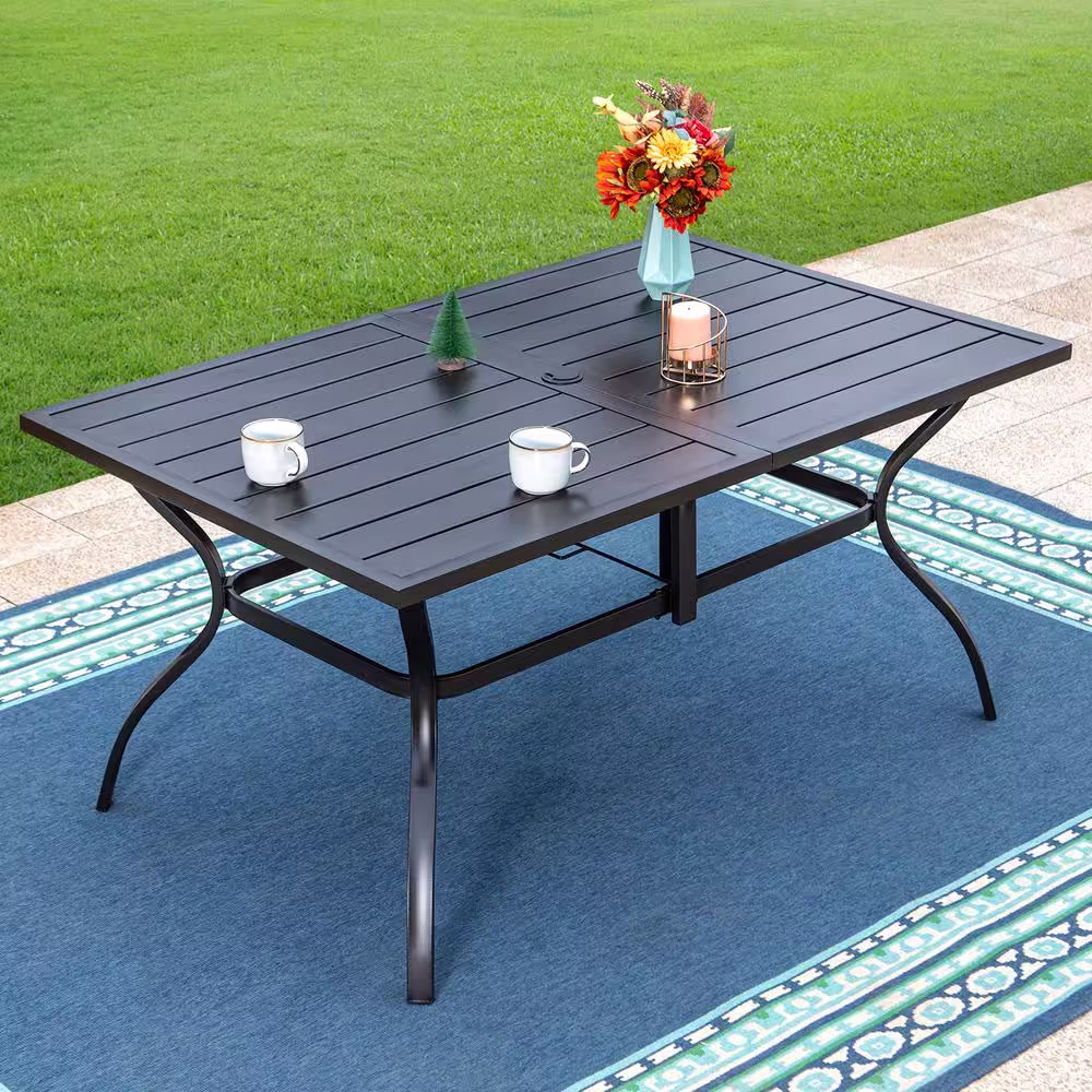 None Black 8-Piece Metal Slat Rectangle Table Patio Outdoor Dining Set with Umbrella and Rattan Chairs with Beige Cushion