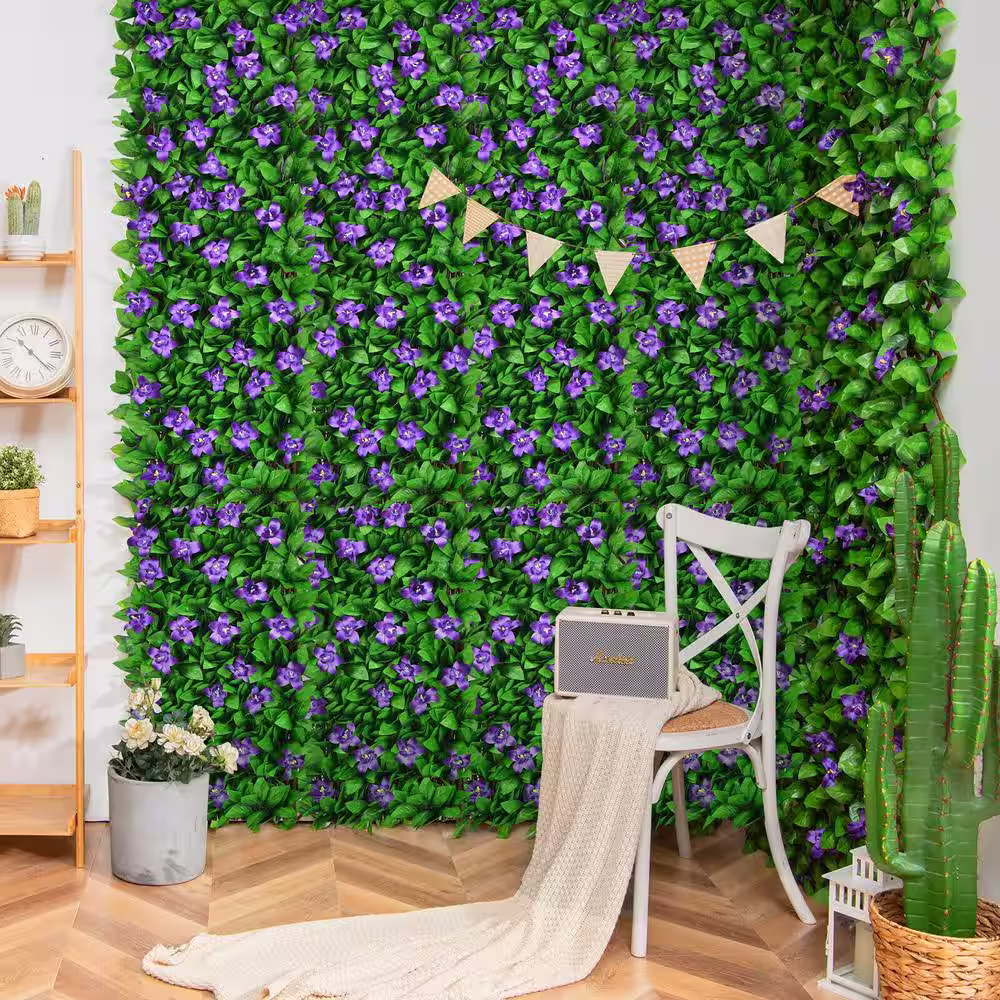 None 79 in. W x 39 in. H Artificial PE Faux Ivy Leaf Privacy Screen Fence Hedges with Flower Green and Purple