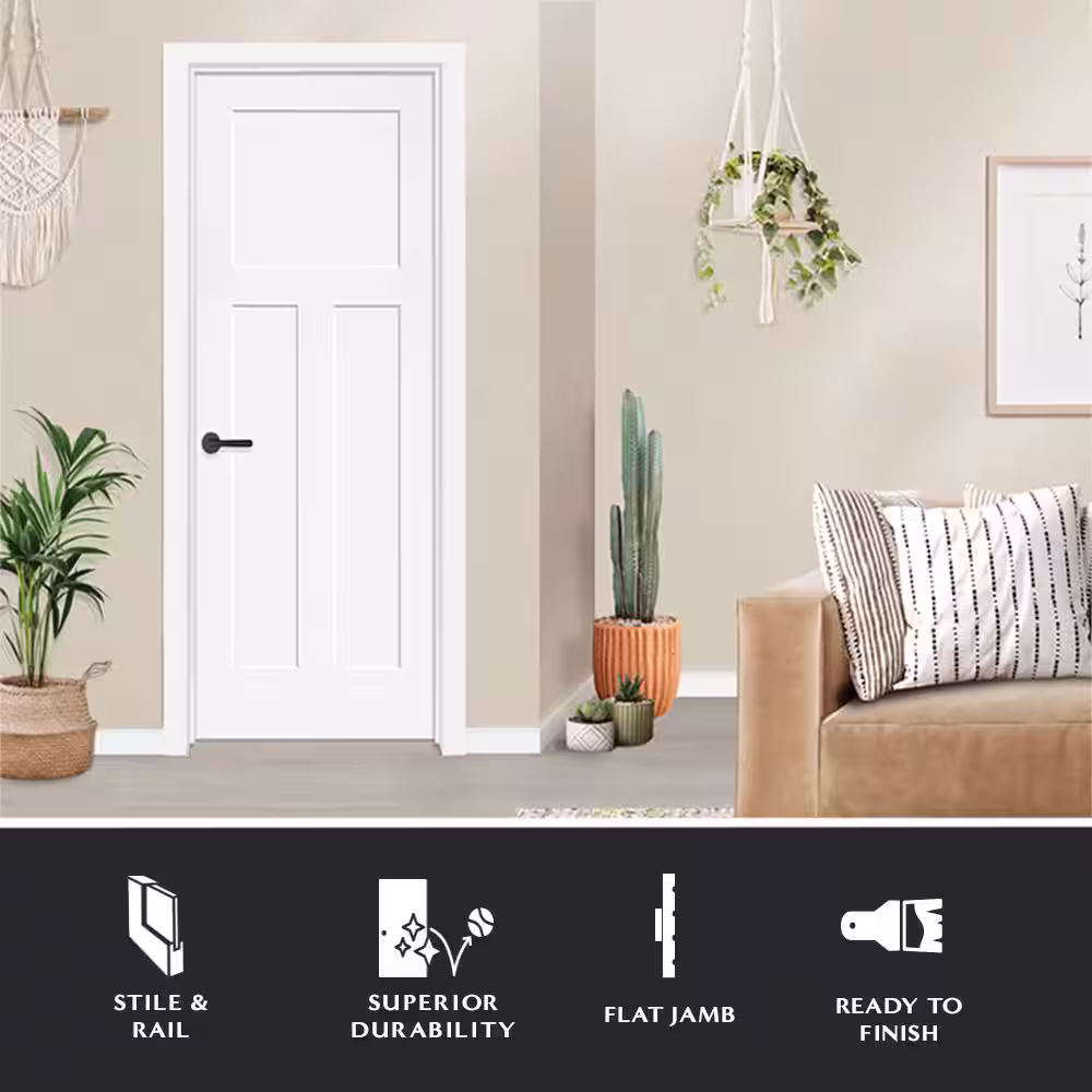 Steves & Sons 30 in. x 80 in. 3-Panel Mission Shaker Primed Right Hand Solid Core Wood Single Prehung Interior Door with Nickel Hinges