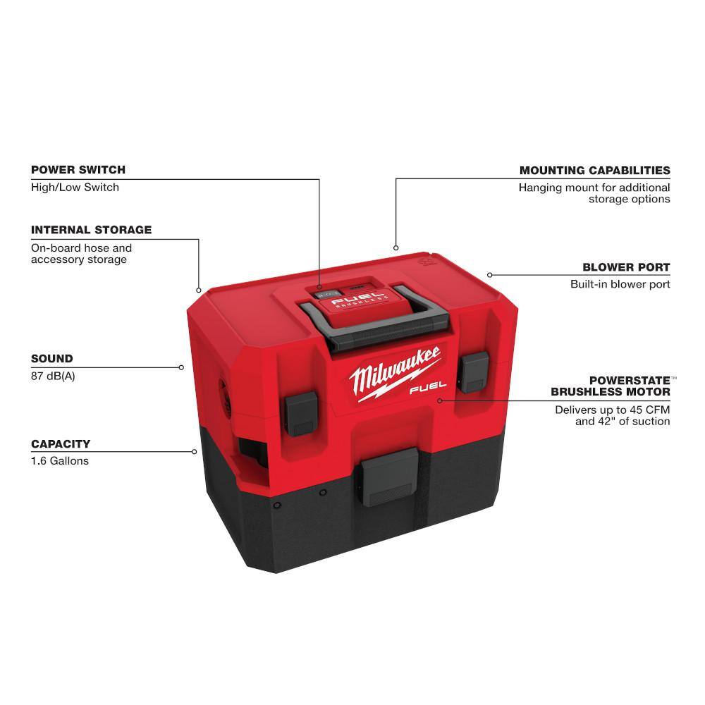 Milwaukee M12 FUEL 12-Volt Lithium-Ion Cordless 1.6 Gal. Wet/Dry Vacuum with XC High Output 5.0Ah and 2.5Ah Battery Packs