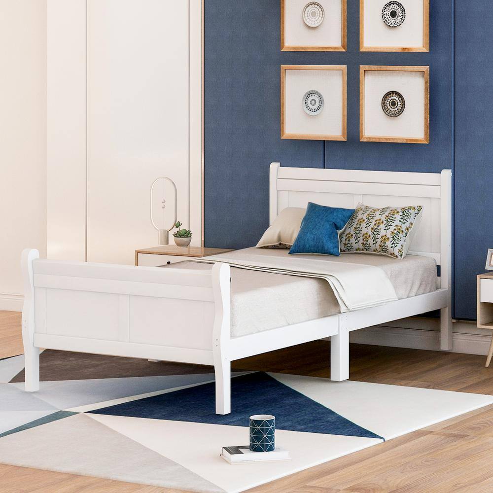 None White Twin Size Solid Wood Platform Bed with Headboard and Footboard, Kid Platform Sleigh Bed Frame with Wood Slat